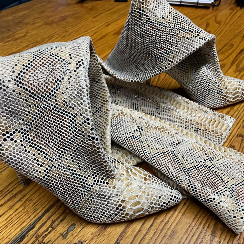 Cream and Brown Heeled Boots with Scaly Texture